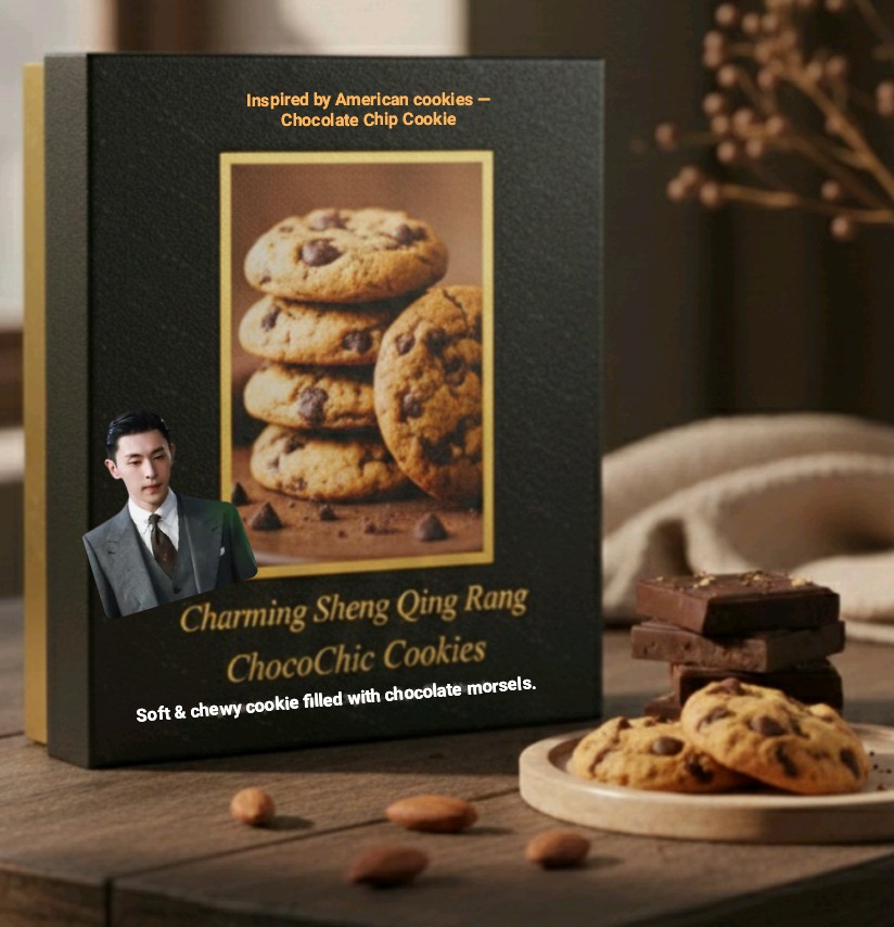Cookie Box~1
#DengLunShines2026
#Denglun
Inspired by American cookies — Chocolate Chip Cookie
Soft &amp; chewy cookie filled with chocolate morsels.

Cookie Name - Charming Sheng Qing Rang
Brand Name - ChocoChic Cookies

💚 Happy New Year 2026 💚