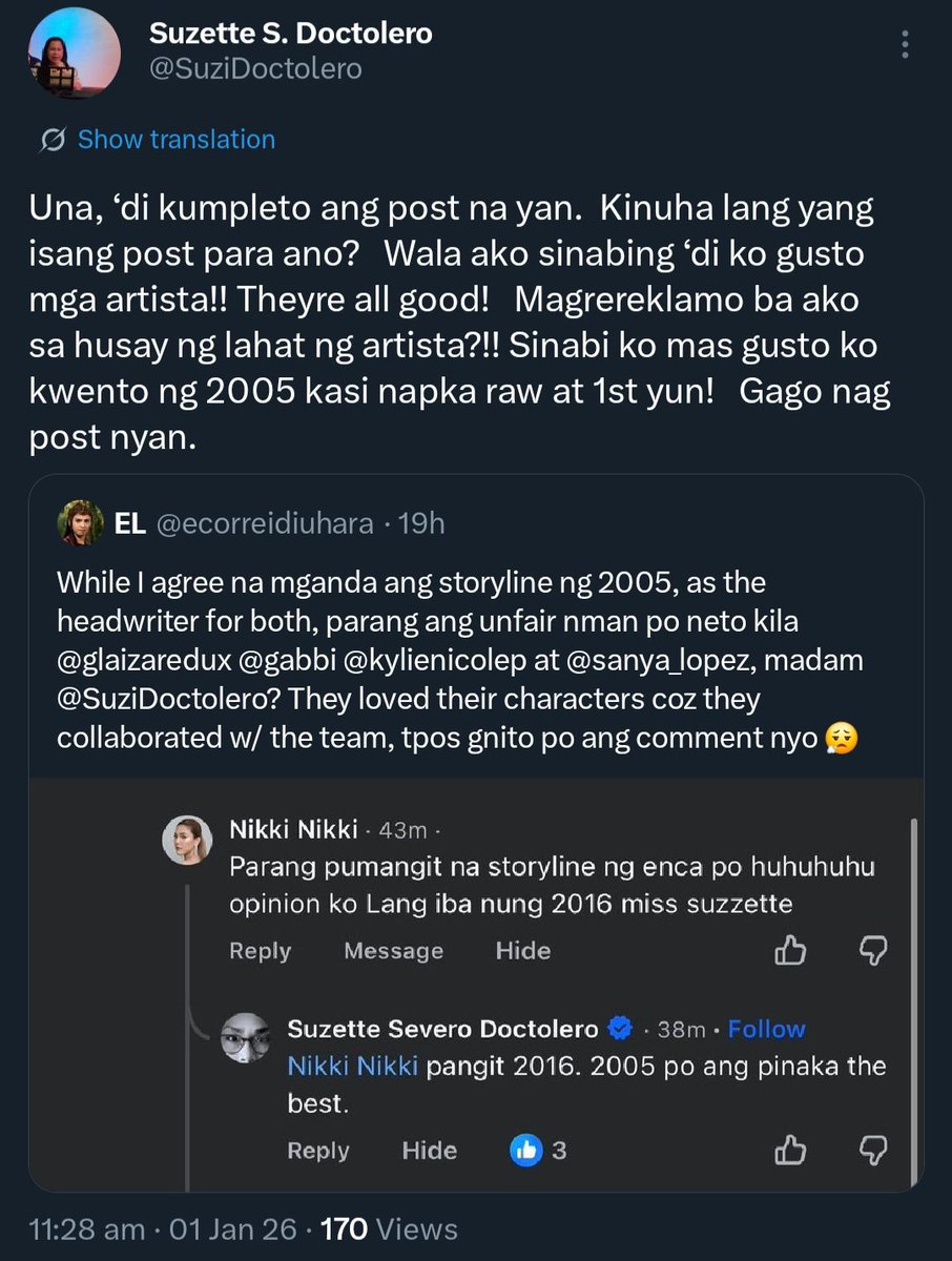 Wag mo kami baliktarin pls. Anong hindi kumpleto eh ayan na mismo ang sinabi mo. May marerevert ba sa sinabi mo na pangit ang 2016? 

Again, matanda ka na, alam mo dapat ang professional behaviour. Parang walang ambag si Glaiza and Kylie sa 2016 story. Delete tweet pa more.