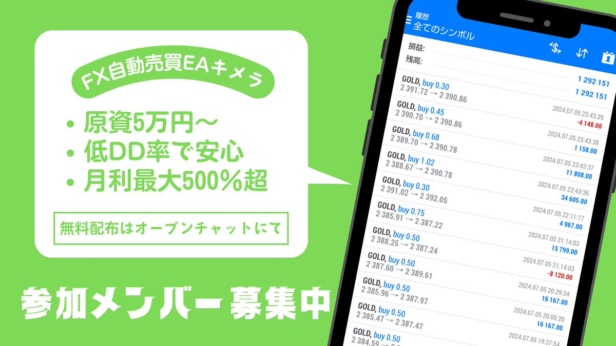 🔥🔥キメラ🔥🔥
20以上のEAを検証して作られた最強融合系EA

🎊🎊2024年6月19日オープンチャットOPEN🎊🎊

▼無料配布はこちら▼
bit.ly/4ev2bGf

#ad
#為替介入
ゴールド/ビットコイン/BTCUSD/自動売買/ロスカット
