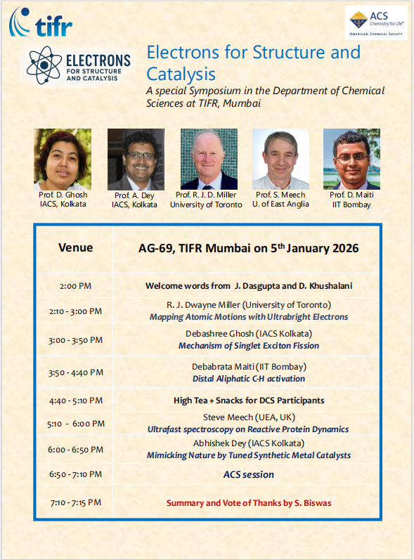 jd1278's tweet photo. Happy New Year with a special DCS symposium: "Electrons for Structure and Catalysis". 
Lucky to host leaders from all areas of Chemistry @TIFRScience Hosting it with @SBiswas_Chem 
@maiti_iitb @iitbombay @DeyIACS @QCLlab @iacskolkata @UofT @uniofeastanglia 
@acsindia  thank you!! https://t.co/Btd0nYO1n3