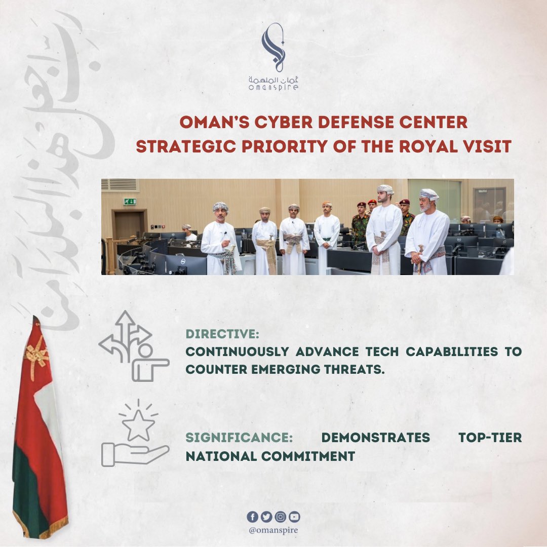 omanspire's tweet photo. ๐ Securing #Vision2040: Omanโs Cyber Defense Center protects the nation's digital space and critical infrastructure, under a mandate from Royal Decree. A cornerstone of our modern sovereignty. #CyberSecurity #DigitalOman https://t.co/nEfNDR1HZ6