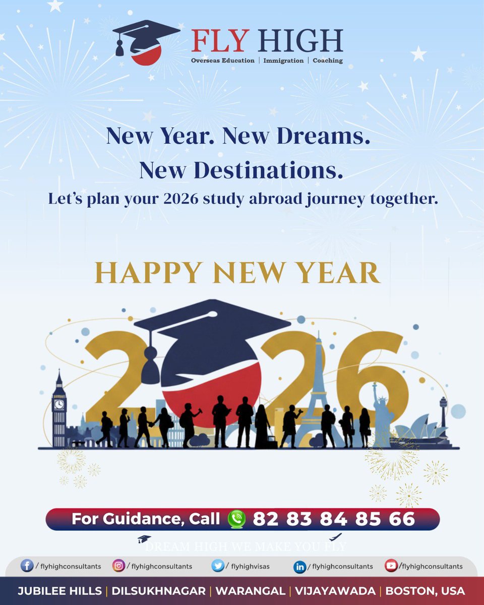 FlyHighVisas's tweet photo. Happy New Year 2026 from Team Fly High Consultants! 

As we step into a brand-new year, may your dreams take flight beyond borders 
Whether it’s studying abroad, building a global career,

Dream Big. Go Global. Fly High
#HappyNewYear #FlyHighConsultants #flyhigh #yashveeragoni https://t.co/n7JUzX03yO