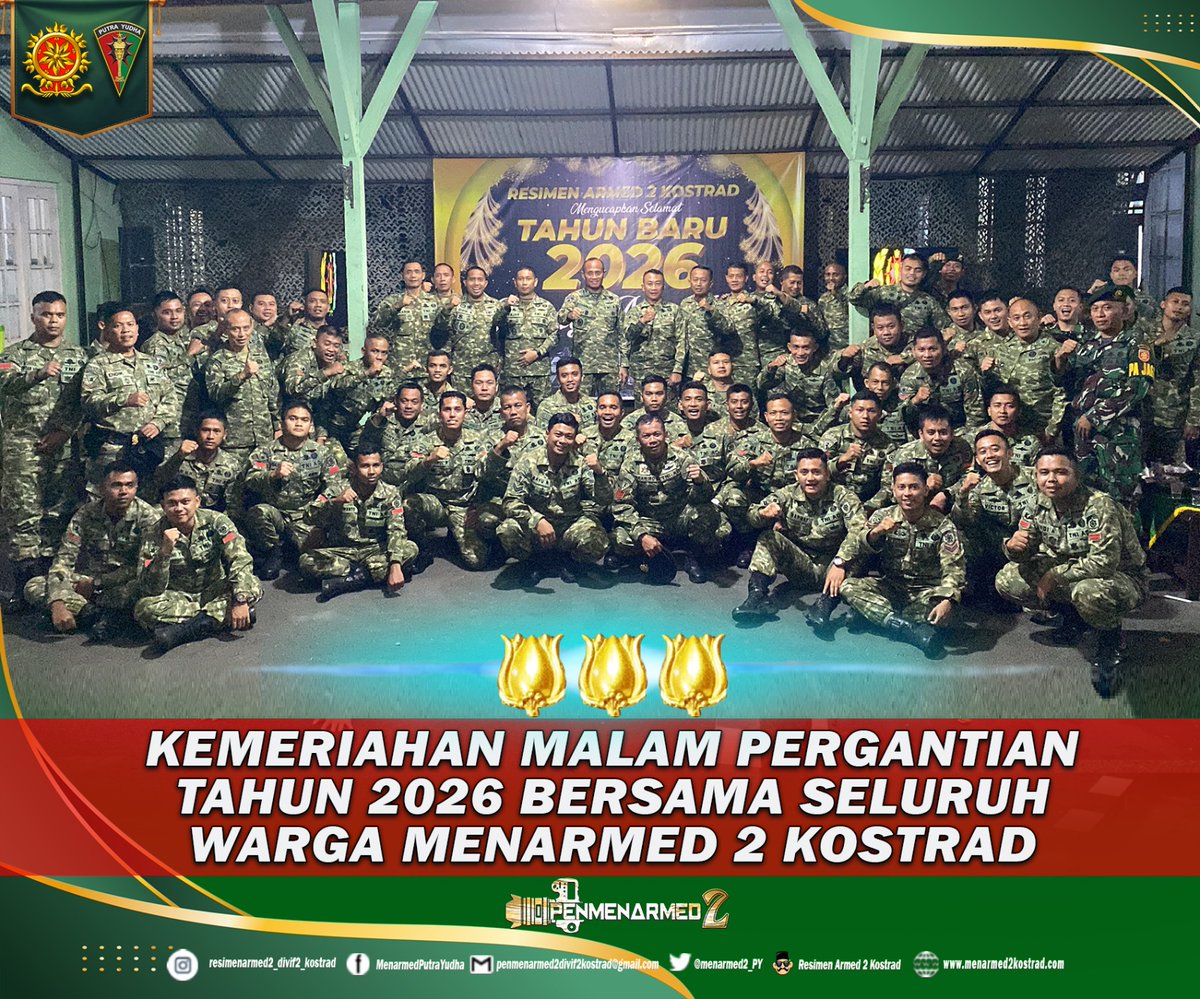 menarmed2_PY's tweet photo. Kemeriahan Malam Pergantian Tahun Bersama Warga Menarmed 2 Kostrad

Malang - Acara kegiatan untuk merayakan tahun baru 2025 oleh seluruh Prajurit Menarmed 2 Kostrad, maka selenggarakanlah acara tutup tahun yang bertempat di Lorong Sejarah Resimen Armed 2 Kostrad. Kamis (1/1/2026) https://t.co/Cx5IFykrDX