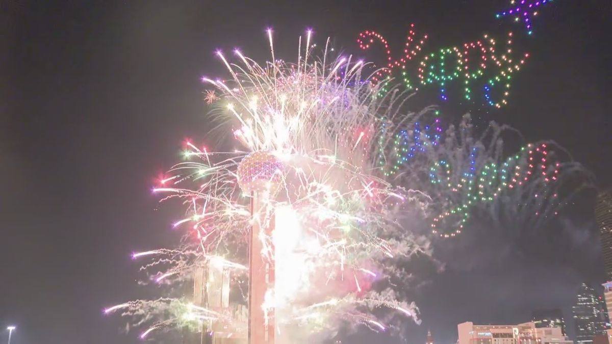 FOX4's tweet image. 📸 Shots from the firework and drone show at Reunion Tower as Dallas rang in 2026.