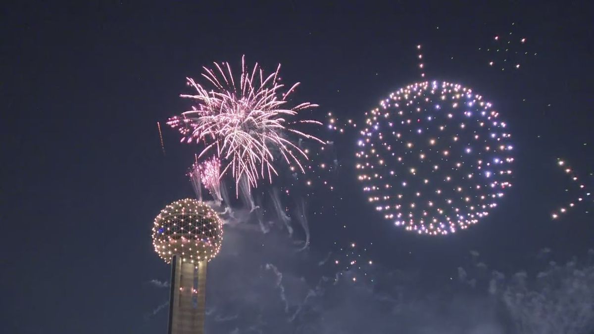 FOX4's tweet image. 📸 Shots from the firework and drone show at Reunion Tower as Dallas rang in 2026.