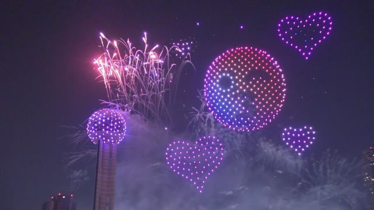FOX4's tweet image. 📸 Shots from the firework and drone show at Reunion Tower as Dallas rang in 2026.