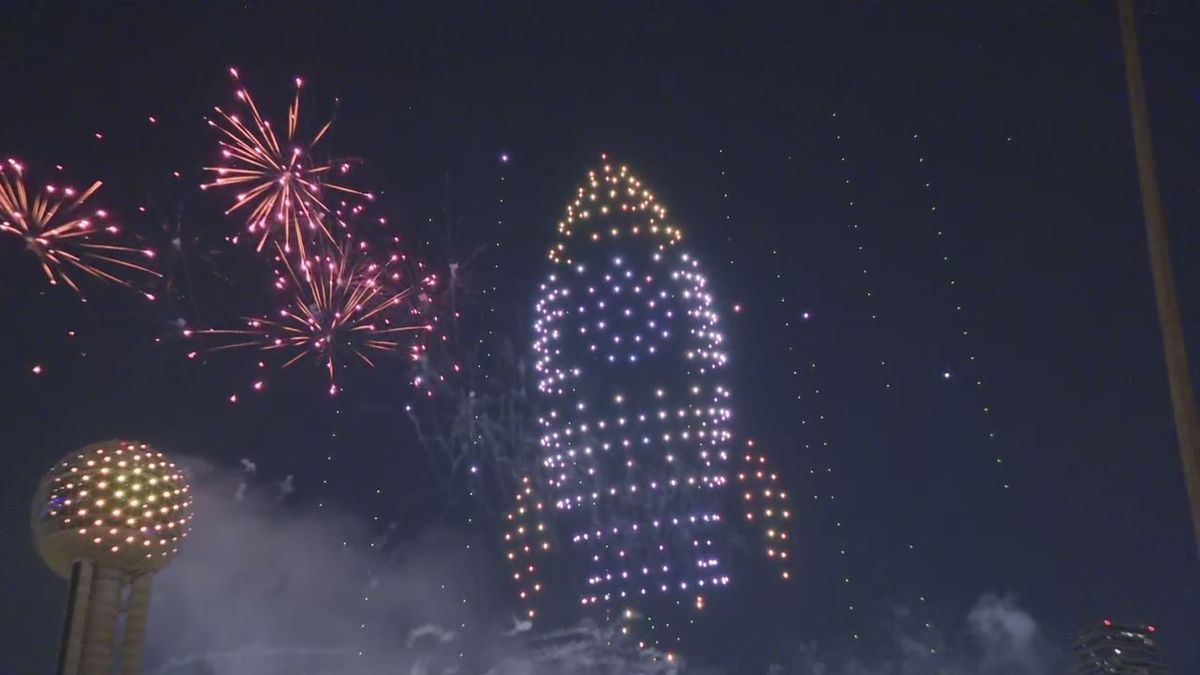 FOX4's tweet image. 📸 Shots from the firework and drone show at Reunion Tower as Dallas rang in 2026.