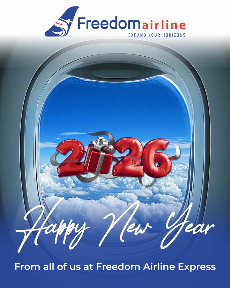 FreedomAirKe's tweet image. Happy New Year 2026! 
Thank you for flying with Freedom Airline in 2025. We look forward to connecting you to more destinations and new opportunities this year.

Wishing you safe travels &amp;amp; bright horizons 💙✈️
#FlyKenya #ExpandYourHorizons #TravelWithFreedom #HappyNewYear2026