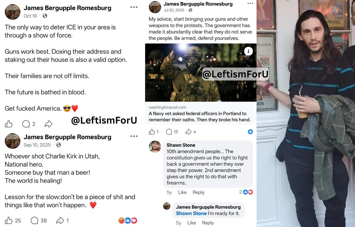 Meet James Romesburg of Frederick, Maryland.
Here is calling for people to "show force" to "deter ICE."
"Guns work best" he claims. "Doxing their address and staking out their house is also a valid option."
"Their families are not off limits," and "the future is bathed in blood."