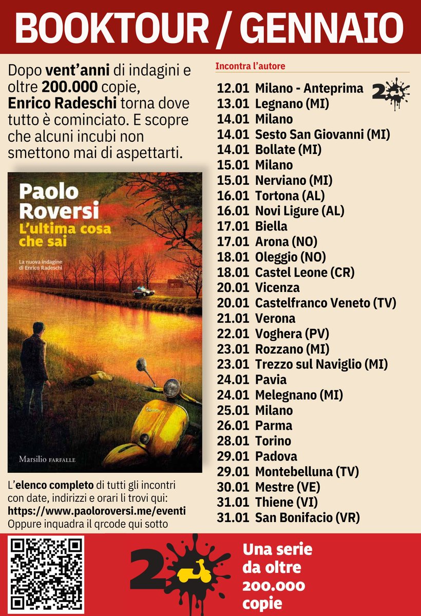 paoloroversi's tweet photo. Inizia il 2026 e arriva il nuovo romanzo di Radeschi: L’ultima cosa che sai (Marsilio), in libreria dal 13 gennaio. Il personaggio compie vent’anni e, per festeggiarlo, mi metterò in marcia con un tour di presentazioni
L’elenco completo qui:
https://t.co/Xd74nXdrQx
#BuonAnno2026 https://t.co/6z8fqA5T8o