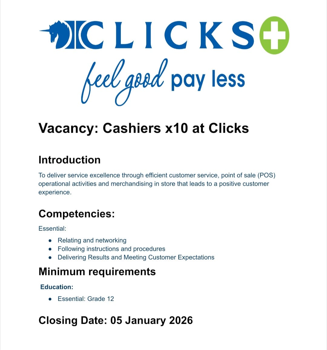 CarolBoitumelo1's tweet photo. Clicks Group is hiring 

✅Cashiers x10

Salary: R6,000 - R10,000 per month 

Requirements 
- Grade 12
- Computer literacy

Closing Date: 05 January 2026

Apply here: https://t.co/gmACejdzdK https://t.co/Z5pwsll7bb