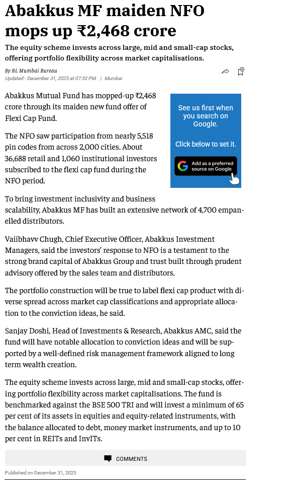 Sunil Singhania's Abakkus Mutual Fund has raised a mammoth ₹2468 Cr for its maiden Flexi Cap Fund NFO. About 36688 retail &amp; 1060 institutional investors have subscribed. Subscription was from across 2000 cities &amp; 5518 pin codes. This shows the appetite of public towards equity