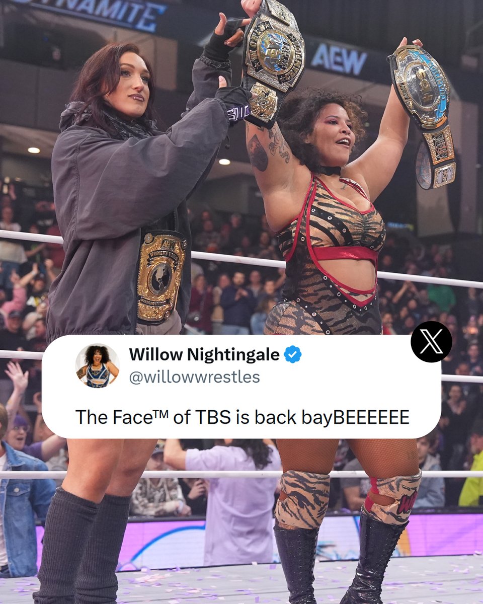 AEW's tweet image. With @WillowWrestles' win last night, she has become the FIRST EVER woman to hold TWO AEW Championships simultaneously and the FIRST EVER two-time TBS Champion!