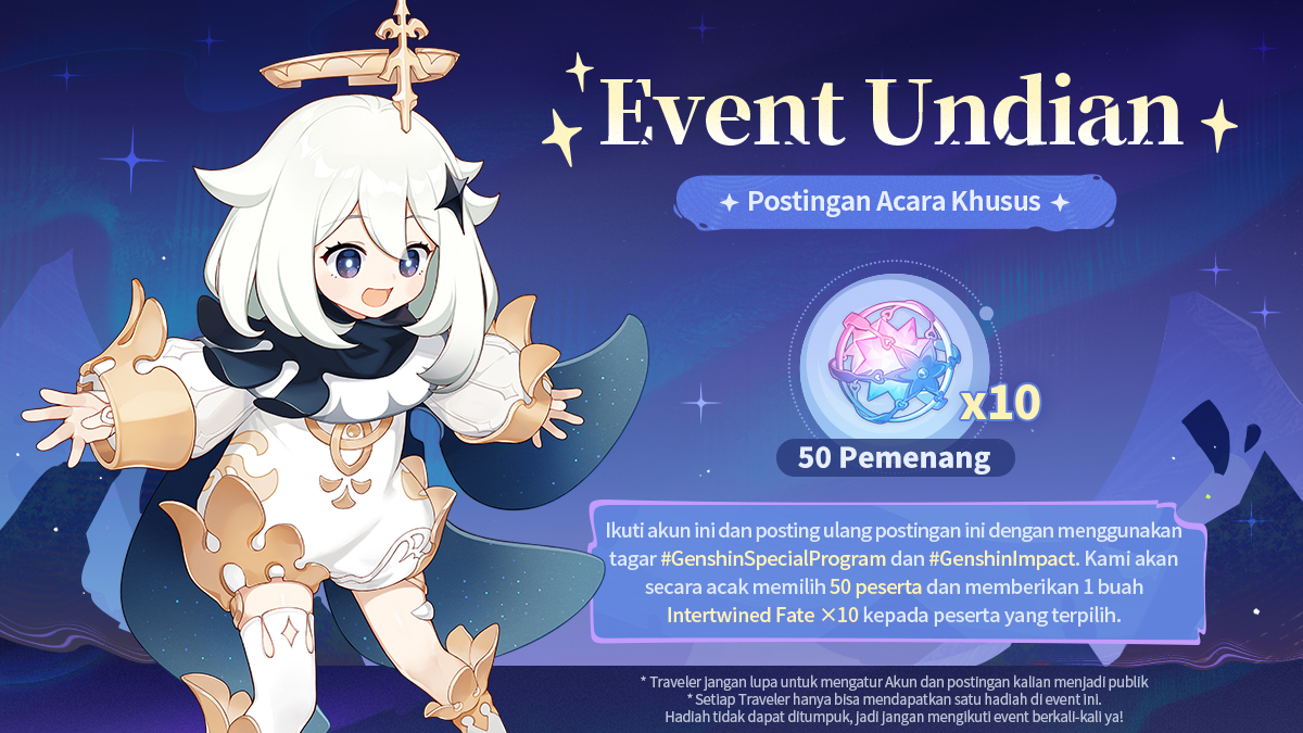 #GenshinImpact #GenshinSpecialProgram 
Dear Traveler, Acara Khusus Versi Candra IV akan dimulai dalam waktu 2 jam!

Siaran dimulai 02/01/2026 12:00 (WIB) >>>
Twitch: hoyo.link/k81dBWDGP
YouTube：hoyo.link/5MOeFCAL

Kami juga sudah menyiapkan event undian untuk para