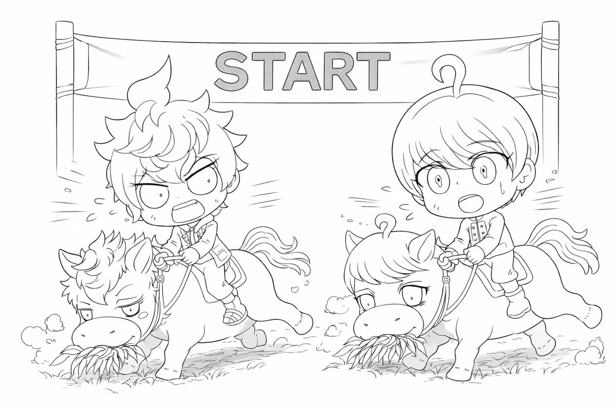 おおーっと! スタート地点でユーマ選手とデスヒコ選手の馬が草を食べ始めました!! 