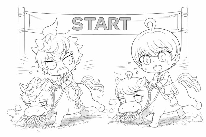 おおーっと! スタート地点でユーマ選手とデスヒコ選手の馬が草を食べ始めました!! 