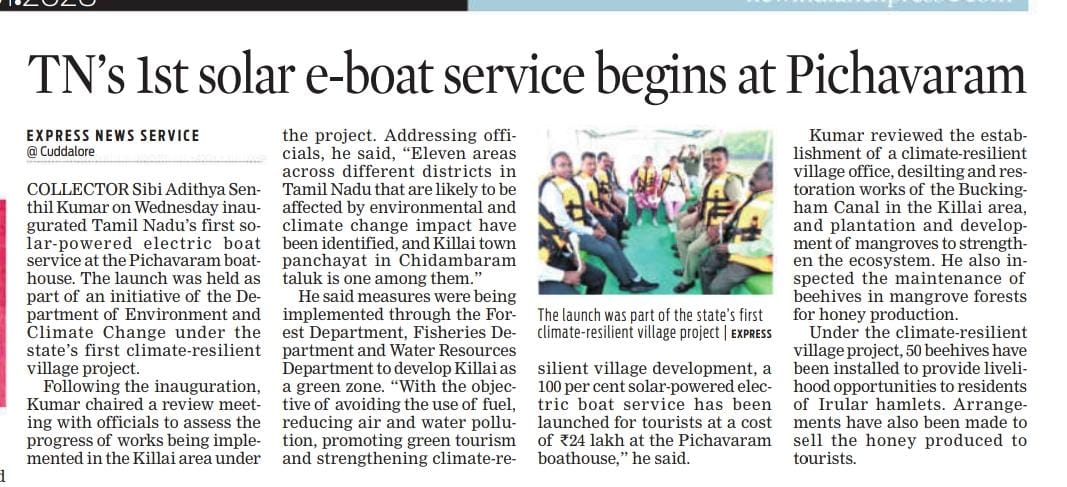 Towards making tourism more sustainable and environmentally conscious, a solar powered e-boat has been launched in Pichavaram, Cuddalore under the Climate Resilient Village project.