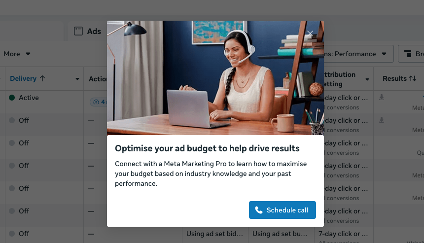 Meta Ads: ‘Creative fatigue is real. Test 37 creative options every week.’

Also, Meta Ads: Here's a banner which we hope you will click on, though you have ignored it about 483 times over the last 6 months.