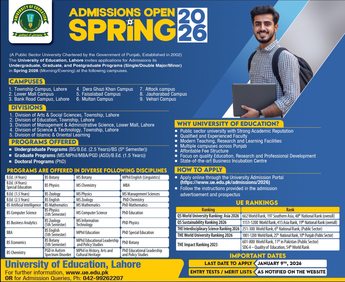 ue_edu_pk's tweet image. UE SPRING ADMISSIONS (2026)
Last date to apply: January 09,2026
Apply online through the University Admission Portal (ue.edu.pk/admissions/2026)
#SpringSemester2026 #HigherEducationPakistan #universityofeducation #students #AdmissionsOpen #TopFans