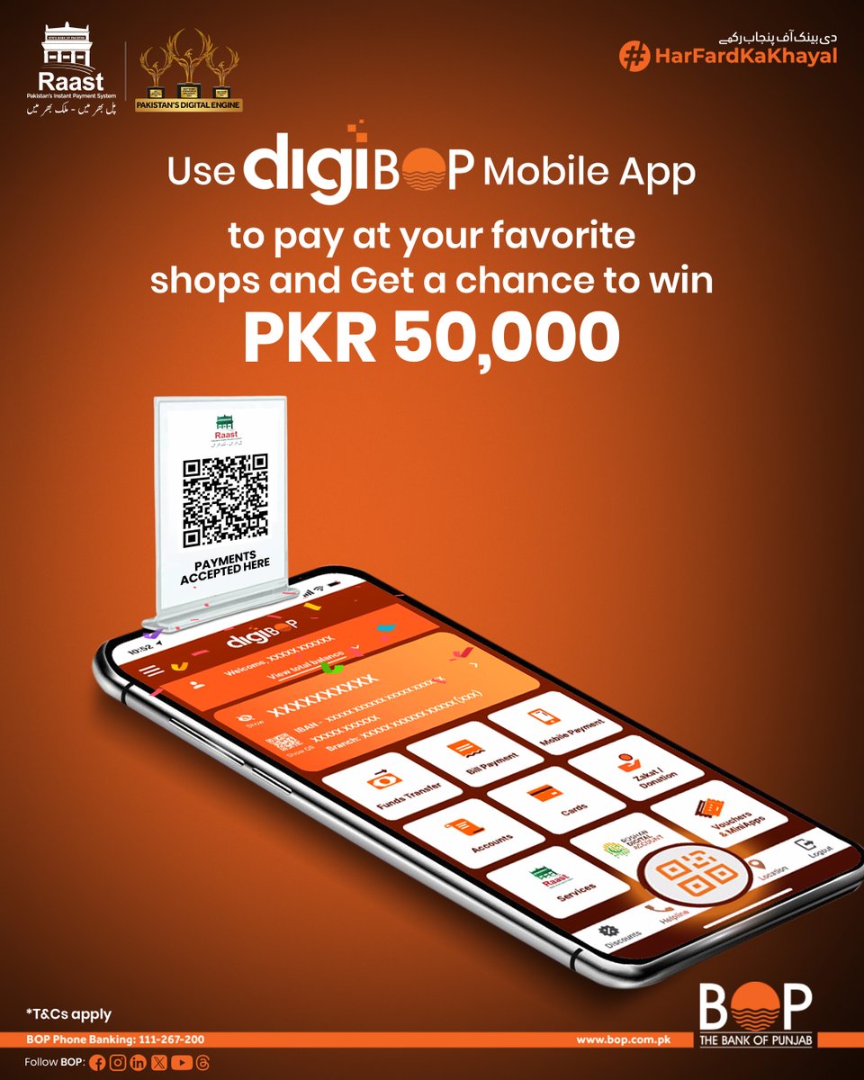 thebankofpunjab's tweet photo. Scan. Pay. Win!
Make a QR payment to any shop using the digiBOP Mobile App and get a chance to win PKR 50,000.
Start paying smart today!

#TheBankofPunjab #HarFardKaKhayal #digiBOP #Raast https://t.co/3J1Irud1sK