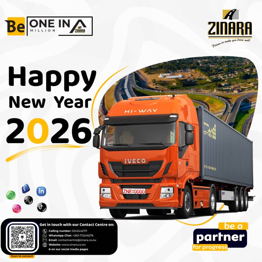 zinaraZW's tweet photo. As we drive into 2026, we wish all our stakeholders a prosperous New Year filled with smooth journeys and new milestones. Let’s keep moving Zimbabwe forward together. Happy 2026!

#PartnersForProgress https://t.co/UmCxk2zuTD
