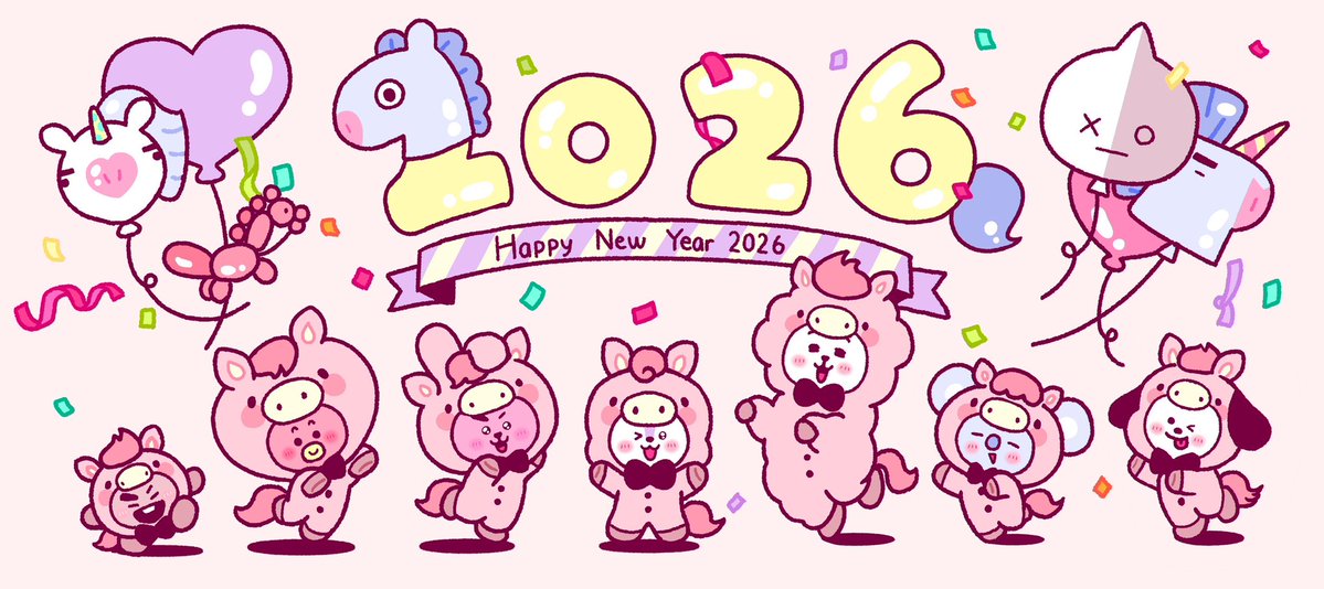 BT21_'s tweet image. UNISTARS, here’s to another great year together, neigh! 🐴🎊✨

ユニスターズのみんな〜！今年もよろしくね！ヒヒ〜ン🐴🎊✨

UNISTARS, 올해도 잘 부탁해, 이힝! 🐴🎊✨

#BT21 #NewYear #2026