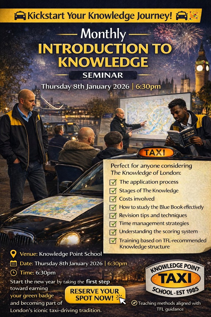 taxitradepro's tweet photo. 🚖 Thinking about becoming a London cabbie?

Join our Introduction to The Knowledge Seminar
📅 8 January | 6:30pm

✔ What The Knowledge really involves
✔ How to study the Blue Book properly
✔ Training based on TfL-recommended Knowledge structure
https://t.co/T0AgaxIKCA https://t.co/ZDqM9gOfmj