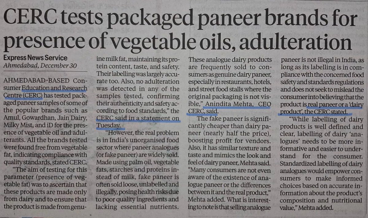 GrahakSathiCERC's tweet image. CERC’s tests found popular packaged paneer brands genuine and free from adulteration.
The real concern is fake paneer in the unorganized sector, often made with palm oil and sold without proper labelling.
#consumerinsights #consumerrights