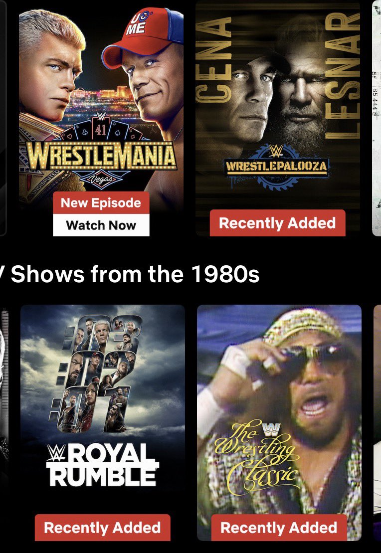 Now on Netflix in the U.S.:
Pretty much all of the WWE-branded PPVs

Peacock continues to work down the stuff they are removing.