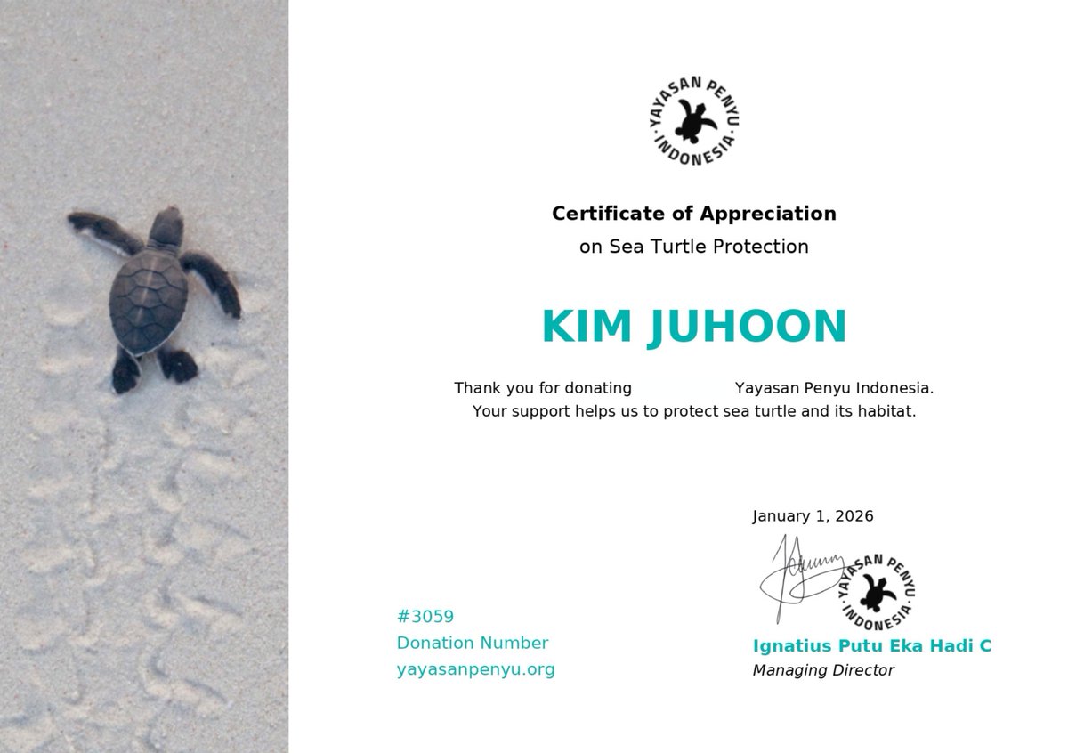 Happy Birthday, JUHOON! 🎂🤍

To celebrate JUHOON DAY, Cortis Connect supports sea turtle conservation and forest adoption through Adopsi Hutan 🌱🐢

Just like Juhoon inspire warmth, hope, and connection, this small act is our way of spreading love to nature and protecting a