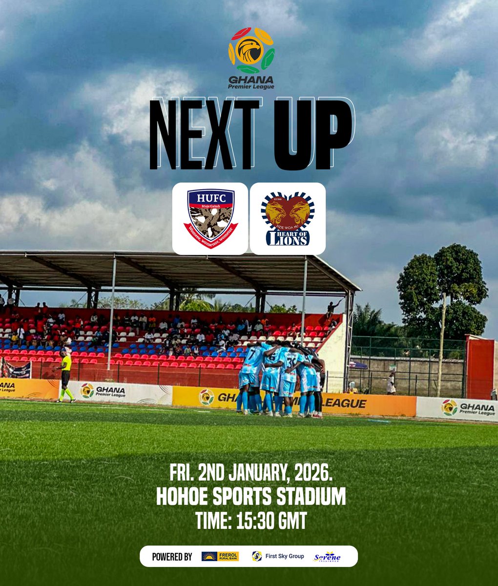HeartOfLionsFc's tweet photo. ⚽| ᑎᗴ᙭T ᑌᑭ | ⚽
Mawuleme
🆚 || Hohoe United
🏆 || #GplWk17
🏟 || Hohoe Sports Stadium
📍 || Hohoe
⏰ || 3:30pm
🗓️ || Friday, 2nd January 2026
#️⃣ || #GPLisBack #GhanaPremierLeague #DzieWoaNu https://t.co/gnAReVU3S4
