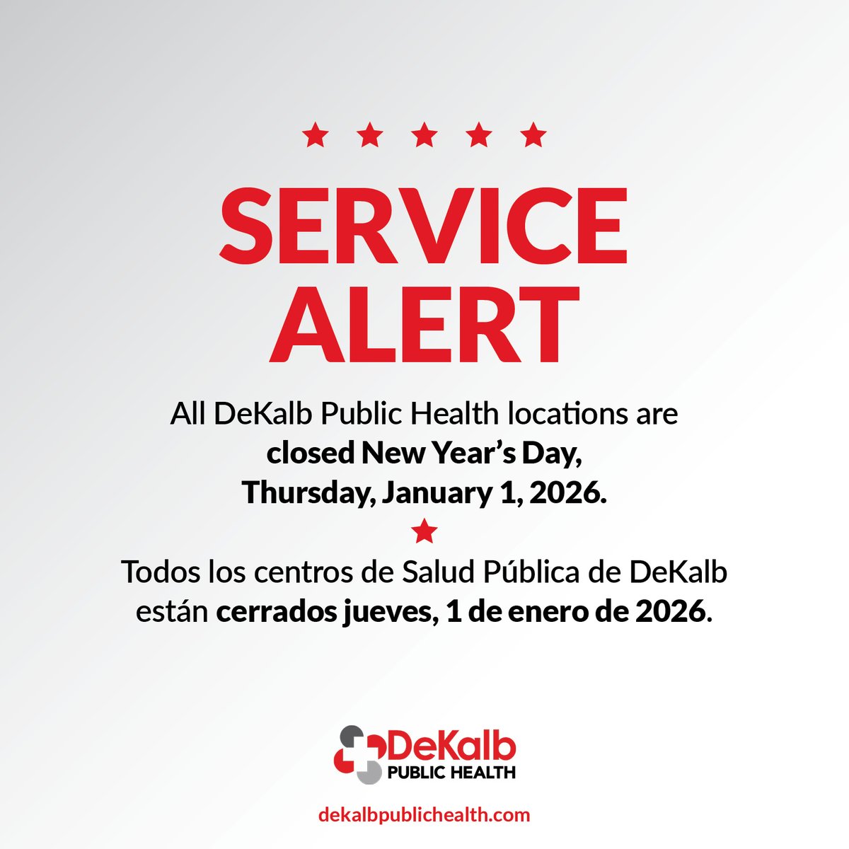 A reminder that we are closed today, January 1, 2026.

Un recordatorio de que estamos cerrados hoy, 1 de enero de 2026.