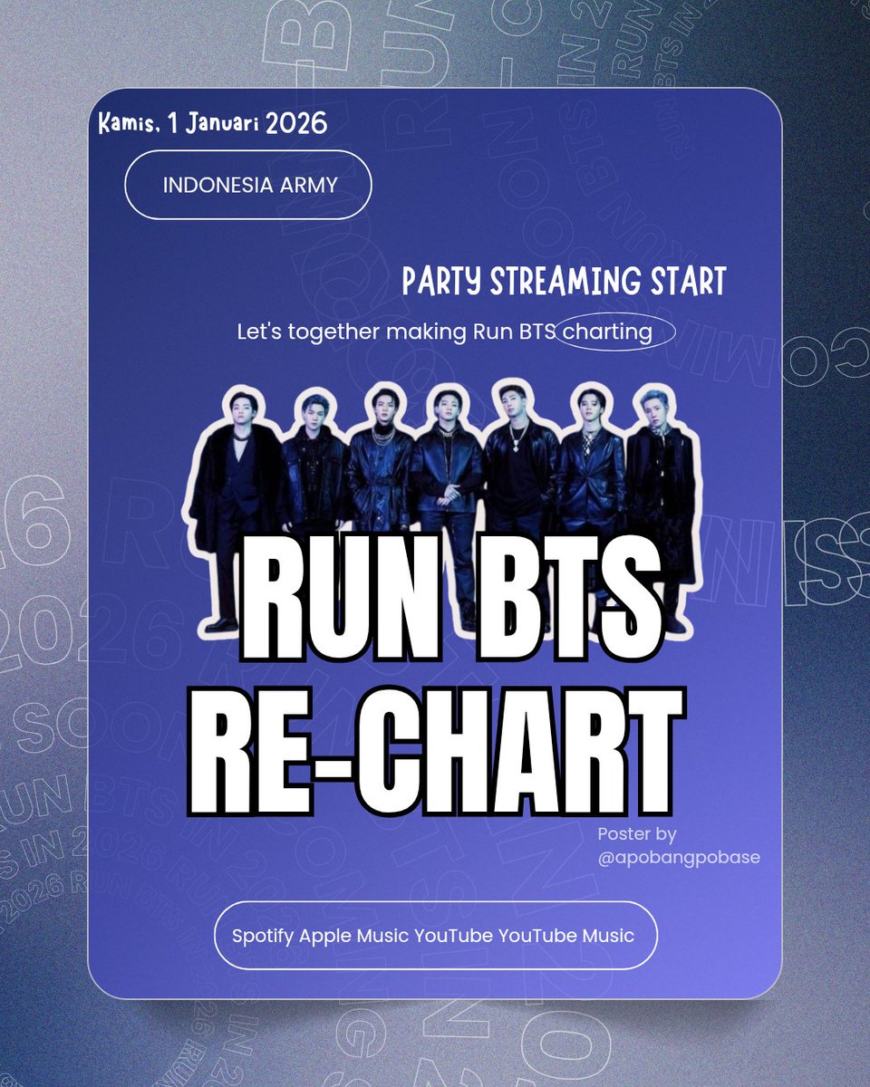 RUN BTS RE-CHART PARTY START ‼️ 

REPLY WITH HT + SS STREAMING💜👇

🔑RUN BEAUTIFUL RUN
#RUNWBTSin2026

🔗 Spotify: open.spotify.com/playlist/64diO…
🔗 Apple Music: music.apple.com/id/playlist/ru…
🔗 YouTube: youtube.com/playlist?list=…
🔗 YouTube Music: music.youtube.com/playlist?list=…