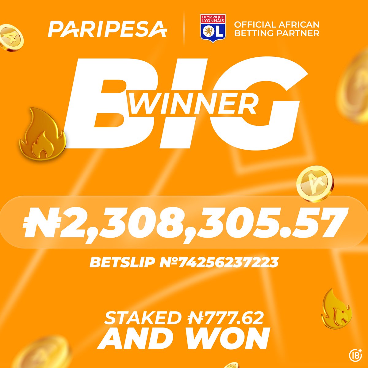 PariPesaNigeria's tweet photo. 💰 BIG WINNER OF THE WEEK!

₦777.62 ➜ ₦2,308,305.57 💥

🔝 ODDS: 2968.40!
🎟 18 football events — one bet slip
✅ Every pick — correct

Small stake. Massive win. That's how it's done! Stop scrolling. Start winning!

💸 Bet now with PariPesa — your moment is one bet away! https://t.co/fhDafgSda3