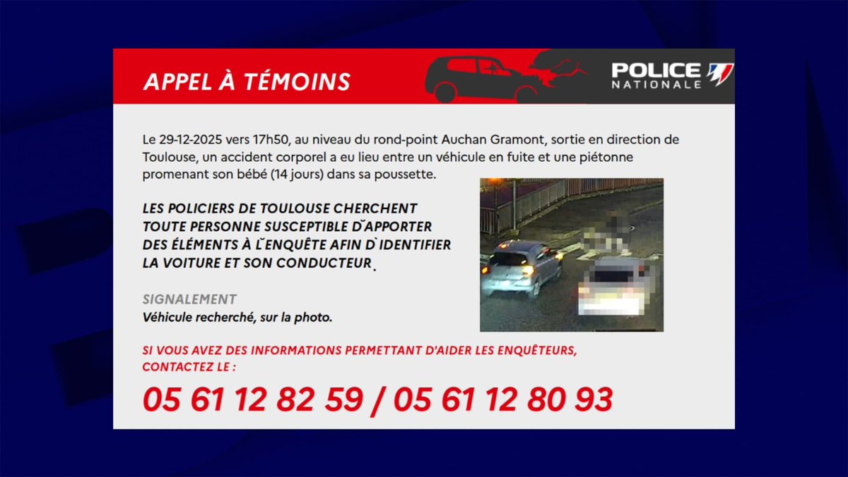 Une femme et son bébé renversés près de Toulouse, un appel à témoins lancé pour retrouver le véhicule en fuite
l.bfmtv.com/DD5J
