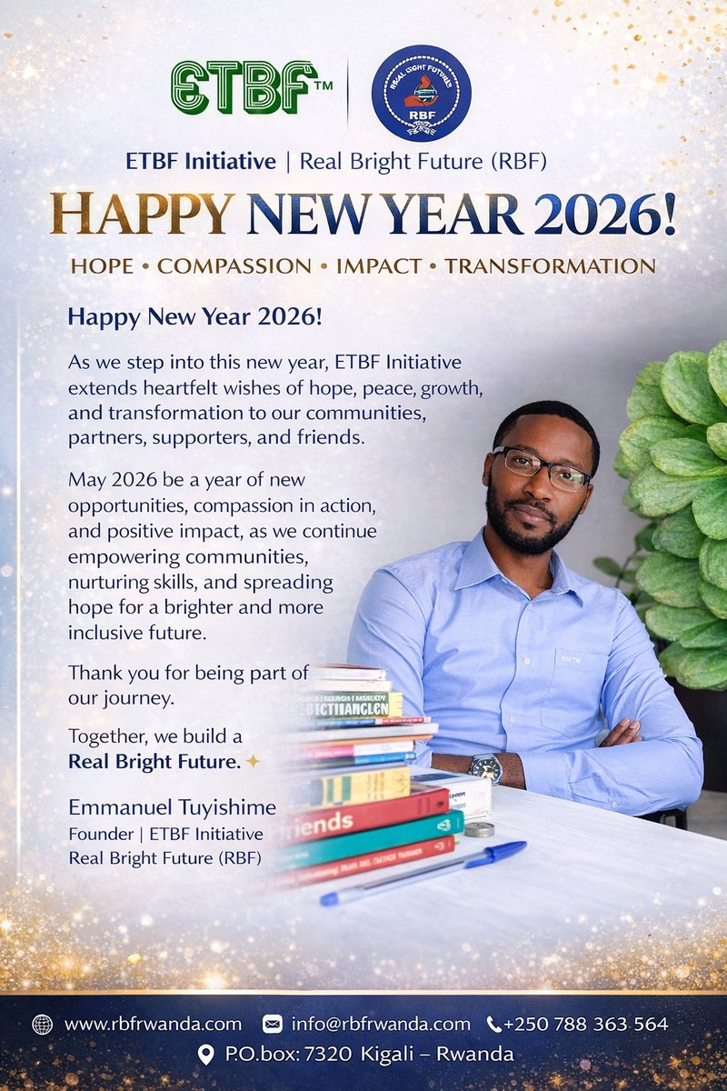 emmanuel_rbf's tweet photo. Happy New Year 2026! 

A message of hope, compassion, and impact from me as we begin a new chapter together. Thank you for being part of the ETBF Initiative &amp; RBF journey.
Let’s build a Real Bright Future in 2026.

— Emmanuel Tuyishime, Founder_
#HappyNewYear2026 #FounderMessage https://t.co/mZvMZpbmzm