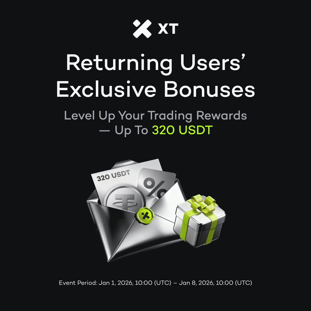 XTexchange's tweet photo. 🎉 New Year Welcome Back Bonus is LIVE! 🎉

Returning traders, it’s time to level up in 2026 🚀
🔓 Log in & start trading
💰 Earn up to 320 USDT instantly
⚡ Boost your rewards as you trade more

⏰ Event Period:
Jan 1, 2026, 10:00 – Jan 8, 2026, 10:00 (UTC)

👉 Full details: https://t.co/oYzqnN5aDh

#XT #CryptoTrading #NewYear2026
