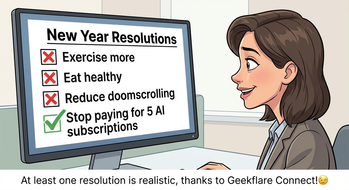 meetushathegeek's tweet photo. Happy new year 2026 from @GeekflareHQ 🎉🎊

Create memes with Nano Banana on Geekflare Connect! 

#generativeAI #gemini #nanobanana https://t.co/VnwGoSBoQ2