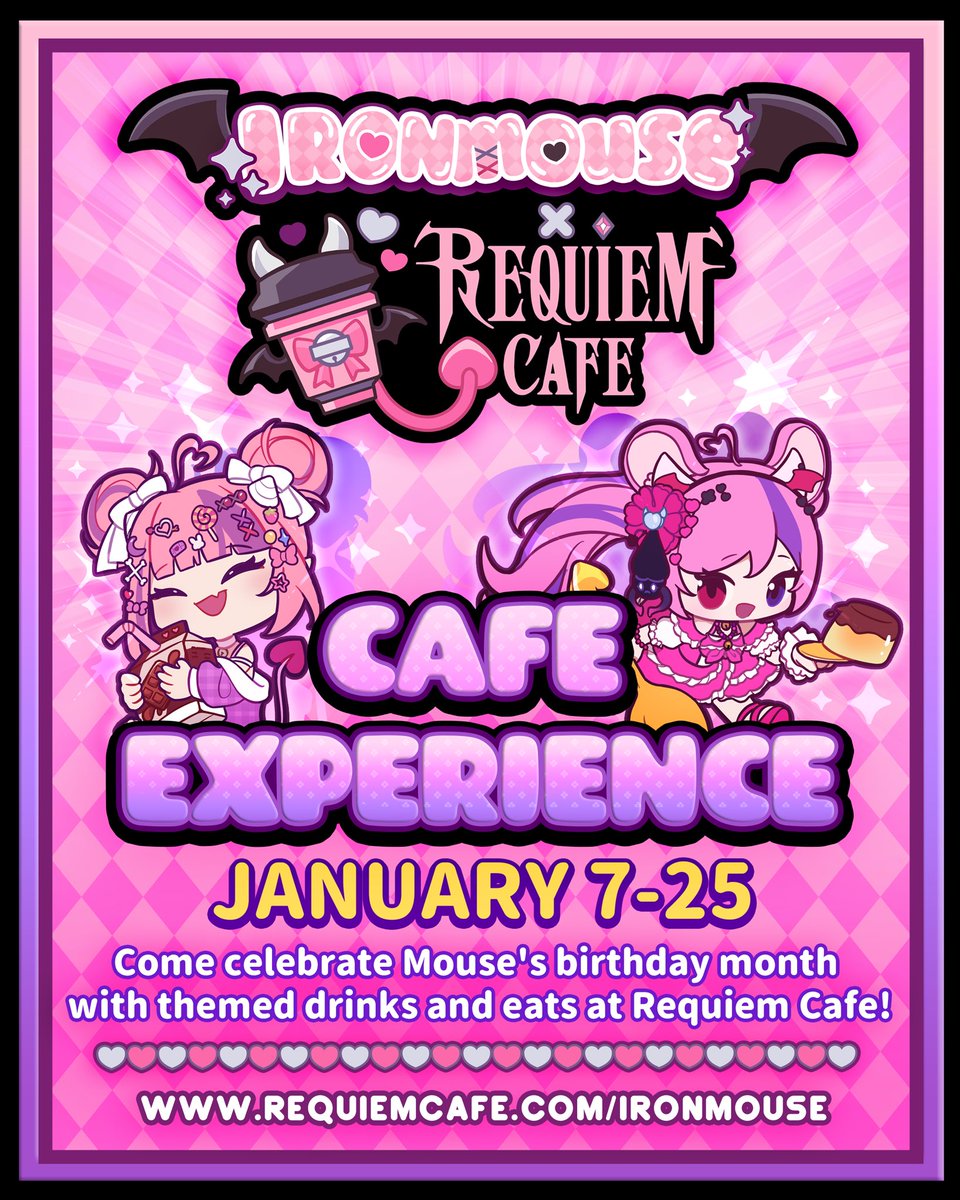 RequiemCafe's tweet image. Happy New Year and Happy New Ironmouse x Requiem Cafe collaboration pop up! Visit Requiem from January 7 - 25 to celebrate @ironmouse’s birthday!