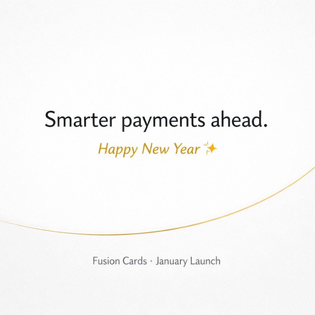 fusioncards_cc's tweet photo. New year. Smarter payments ahead.

After a lot of Hiccups
Fusion Cards goes public this January,
built carefully, shipped intentionally.

Wishing everyone a prosperous New Year.
Waitlist is open.

#FusionCards #SmartPayments #Fintech https://t.co/qwH37csxfr
