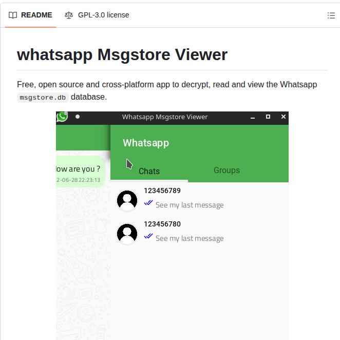 tom_doerr's tweet photo. Decrypts and views WhatsApp database files

https://t.co/bjRiE8RSRN https://t.co/qBtnSGx168