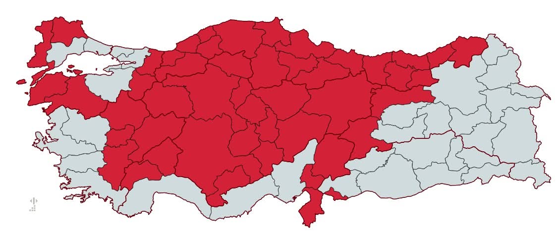 Bu haritayı ben oluşturdum. Kırmızı renkli yerler, Hatay (%3,25), Malatya (%3,22), Ankara (%3,15) dışında PKK'nın yasal uzantısı olan YSP-DEM'in 2023 seçimlerinde %3'ün altında oy aldığı yerler.

Bu bölgenin nüfûsu, 30 milyona yakın (29 518 817). Yâni Türkiye nüfûsunun yaklaşık