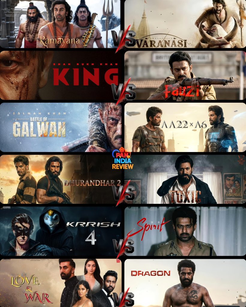 PanIndiaReview's tweet photo. 2026 is Here - Bollywood and South both have many Big Films lined up choose your Preference: 

Bollywood : 

1) Ramayana (#RanbirKapoor)
2) KING (#ShahRukhKhan)
3) Battle of Galwan (#SalmanKhan)
4) Dhurandhar 2 (#RanveerSingh)
5) Krrish 4 (#HrithikRoshan)
6) Love And War (#VickyKaushal)

South :

1) Varanasi (#MaheshBabu × #SSRajamouli)
2) Fauji (#Prabhas)
3) AA22 (#AlluArjun × #Atlee)
4) TOXIC (#Yash)
5) Spirit (#Prabhas × #SandeepReddyVanga)
6) #NTRNeel 

My Top 6 : #Ramayana, #Spirit, #Varanasi, #Dhurandhar2, #Toxic and #King🔥