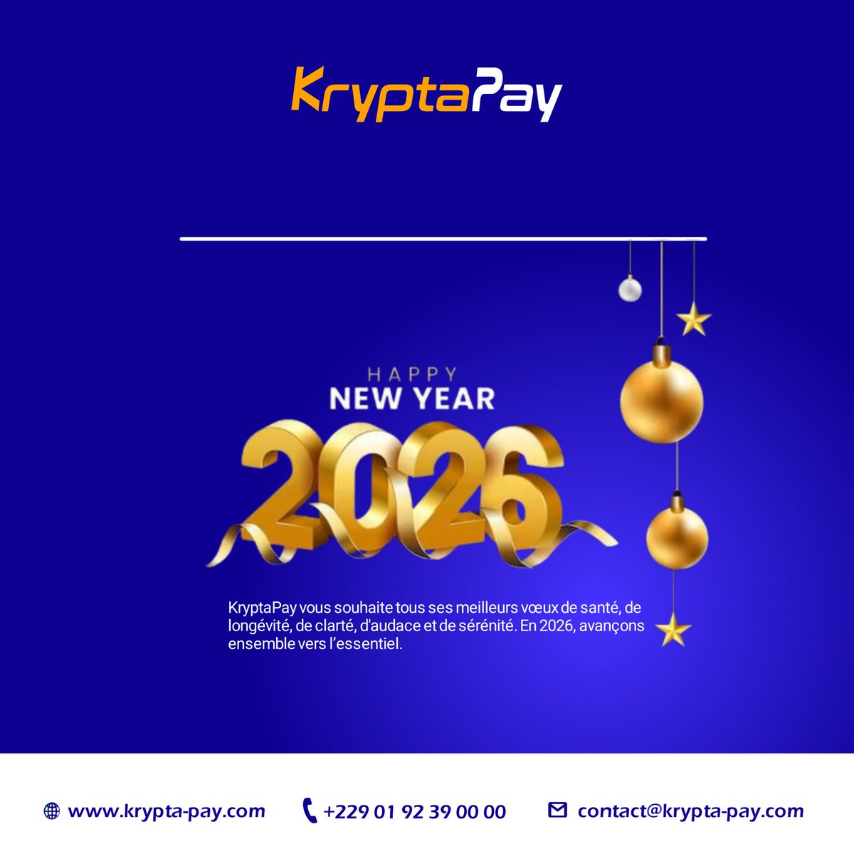 Page 1 sur 365. L'histoire commence maintenant.

Les compteurs sont remis à zéro.
Les objectifs sont posés.
L'ambition est là.

Toute l'équipe de KryptaPay vous souhaite en cette nouvelle année de l'Audace pour entreprendre, de la Clarté pour décider, et surtout de la Sérénité
