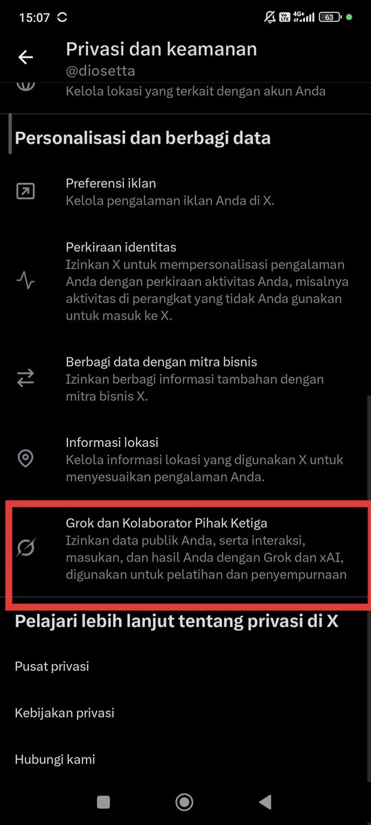 diosetta's tweet image. Buat yang sering uplod foto di X, terutama perempuan. Jangan lupa untuk nonaktifkan ini untuk menghindari foto kita diedit sembarangan sama orang iseng.. 

Pengaturan - privasi dan keamanan - grok dan kolaborator pihak ketiga - nonaktifkan semua.. 

Harusnya bisa membantu