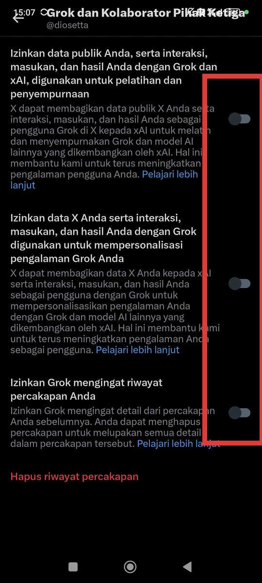 diosetta's tweet image. Buat yang sering uplod foto di X, terutama perempuan. Jangan lupa untuk nonaktifkan ini untuk menghindari foto kita diedit sembarangan sama orang iseng.. 

Pengaturan - privasi dan keamanan - grok dan kolaborator pihak ketiga - nonaktifkan semua.. 

Harusnya bisa membantu