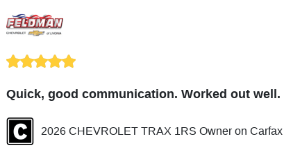 We just received a great review on Carfax. Thank you 2026 CHEVROLET TRAX 1RS Owner!