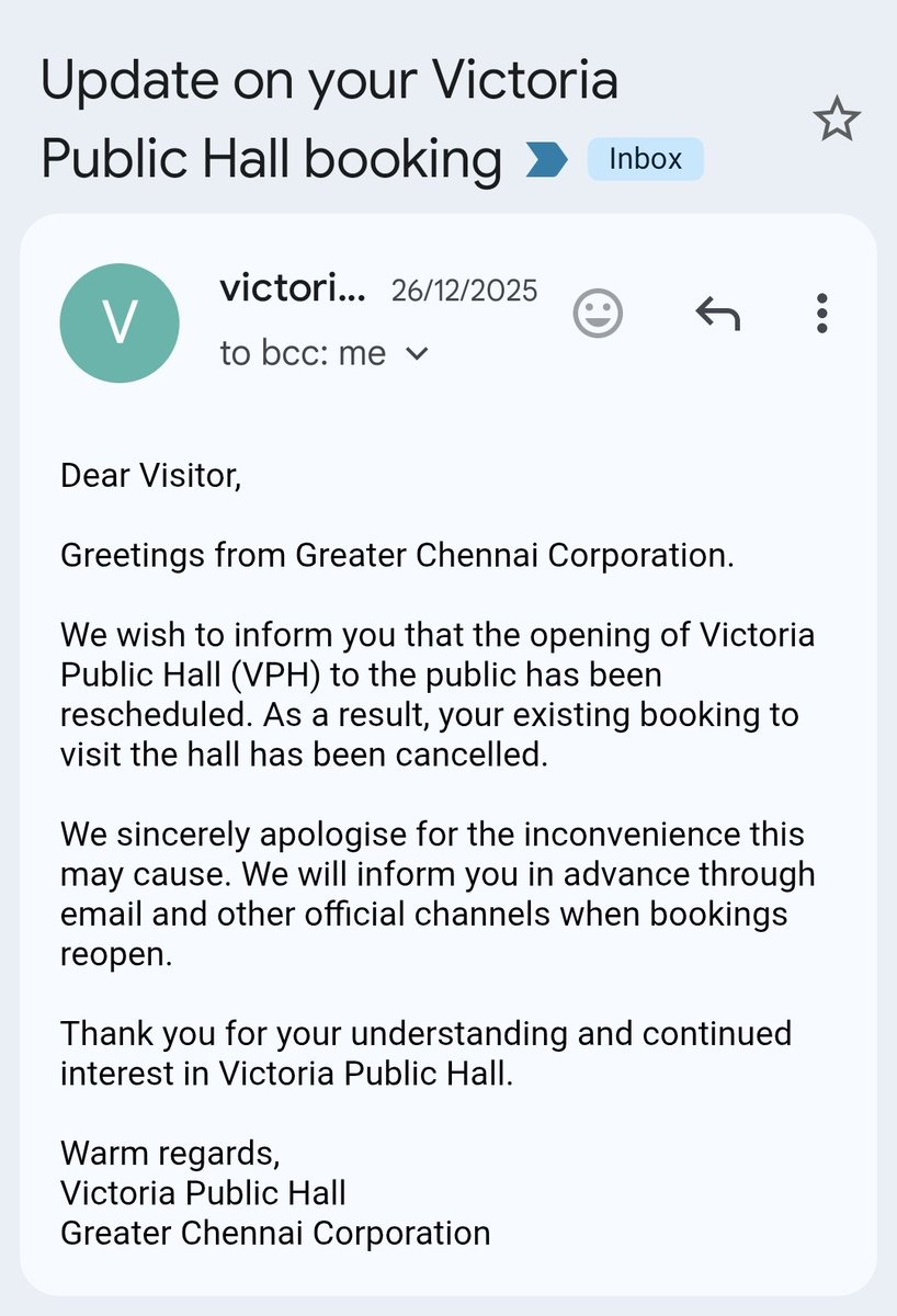 npika93's tweet photo. @chennaicorp @kgbias Respected GCC Team, Booked tickets on 25/12 for the visit on 27/12. On 26/12, received cancellation email citing reschedule plan. Noticed that the bookings are reopened, however surprised to see the tickets are now attracting a nominal fee. Is this the reason for rescheduling ? https://t.co/UF25ecczac