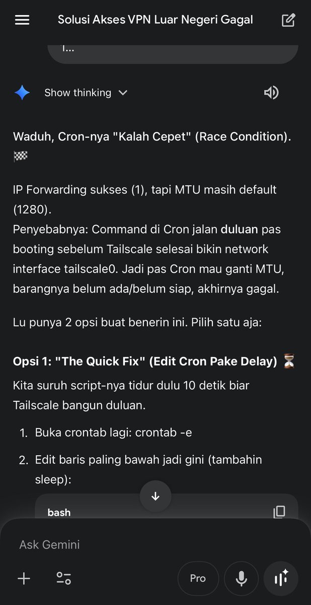 Gemini enak brainstorming ide sama belajar konsep. bahkan lebih enak daripada GPT.

funfact, gw belajar ngubah mini PC jadi homelab server, bikin arsitektur satu kesatuan network di rumah, bikin automation hidupin/matiin PC Gaming dkk.

full gara2 konsultasi ke Gemini wkwkwk