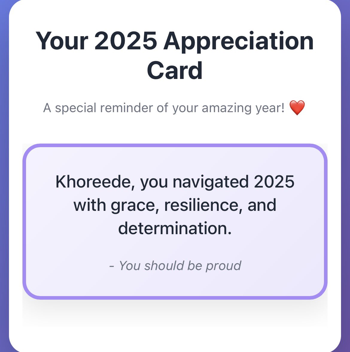 End of the year card looking good here

dev Mya arc looking real here haha